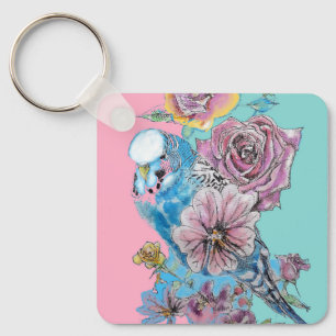 Blue Budgie Budgies Rose Flower floral Key Ring
