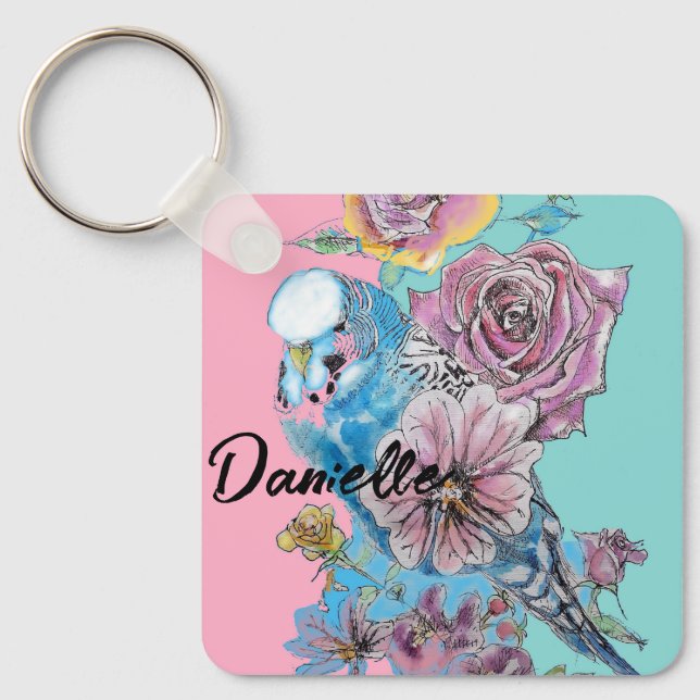 Blue Budgie Budgies Rose Flower floral Key Ring (Front)