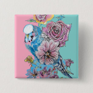 Blue Budgie Budgies Rose Flower floral Key Ring 15 Cm Square Badge
