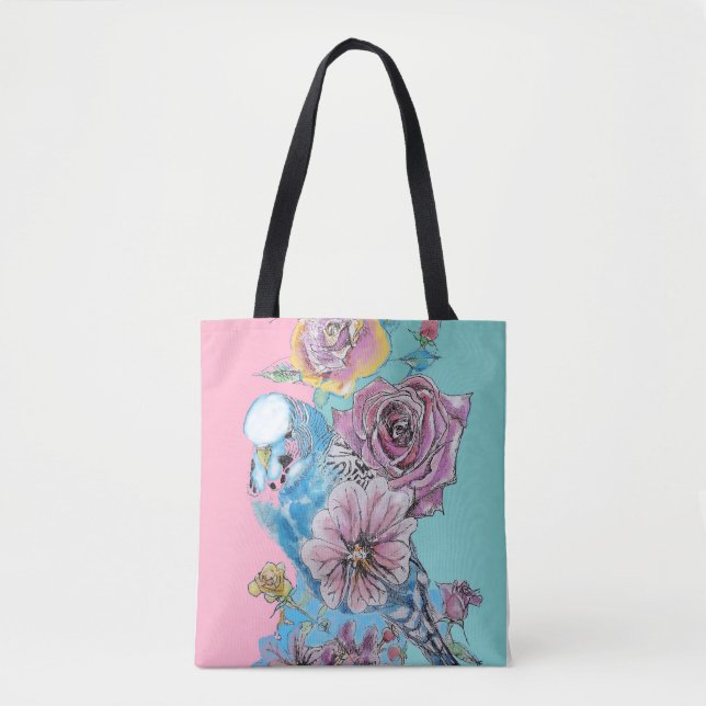 Blue Budgie Budgies Rose Flower floral Tote Bag (Front)