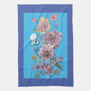 Blue Budgie Cute Whimsical Navy Blue floral Tea Towel