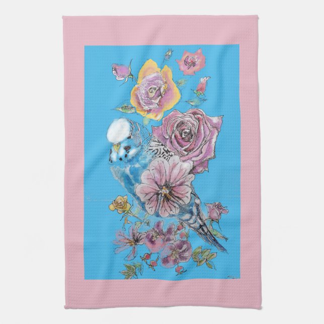 Blue Budgie Cute Whimsical Pink Blue floral Tea Towel (Vertical)