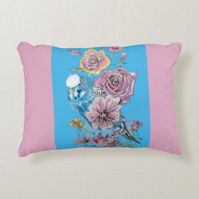Blue Budgie Cute Whimsical Pink Blue Girls Baby Decorative Cushion (Front)
