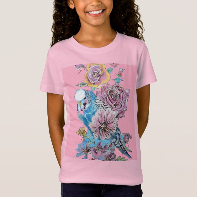 Blue Budgie Cute Whimsical Pink Girls T Shirt (Front)
