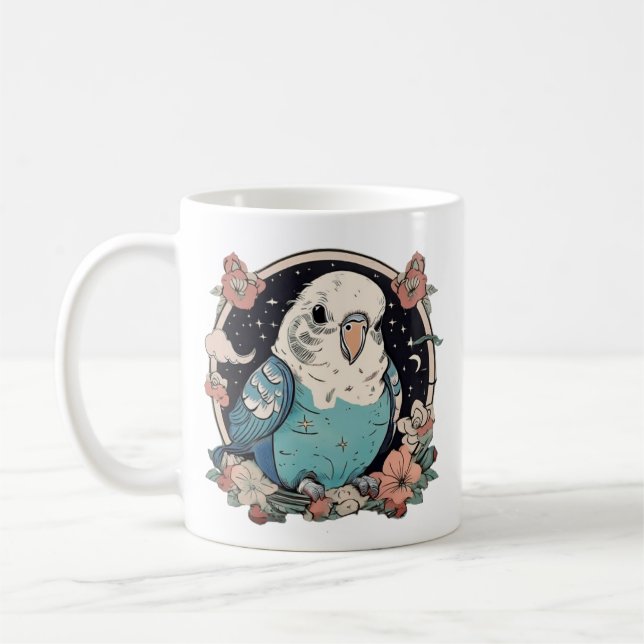 Blue Budgie Floral Print Mug | Elegant Bird Lover  (Left)