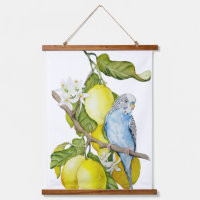 Blue Budgie in Lemon Tree Watercolor Botanical Art
