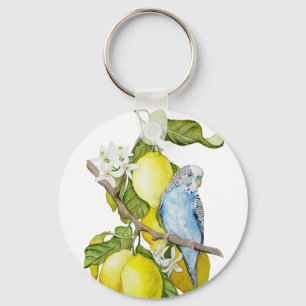 Blue Budgie in Lemon Tree Watercolor Botanical Art Key Ring