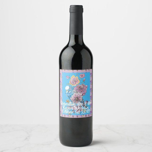 Blue Budgie Lilac floral Wedding Wine Bottle Label (Front)