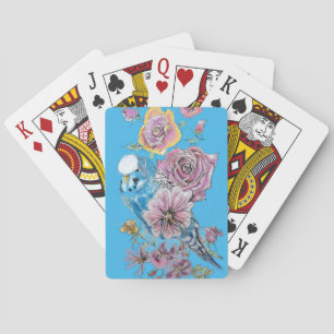 Blue Budgie Red Rose Flower Playing Blue Cards Set