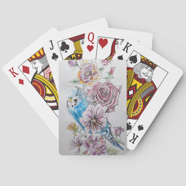 Blue Budgie & Red Rose Flower Playing Cards Set (Back)