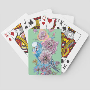 Blue Budgie Red Rose Flower Playing GreenCards Set Playing Cards