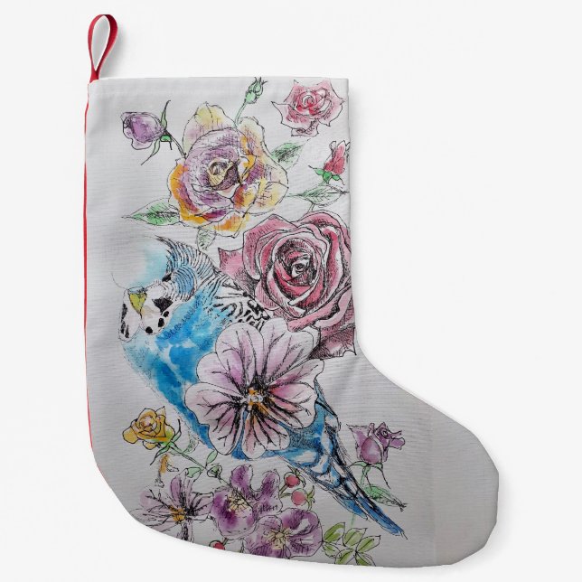 Blue Budgie & Red Rose Flowers Floral Stocking (Front)