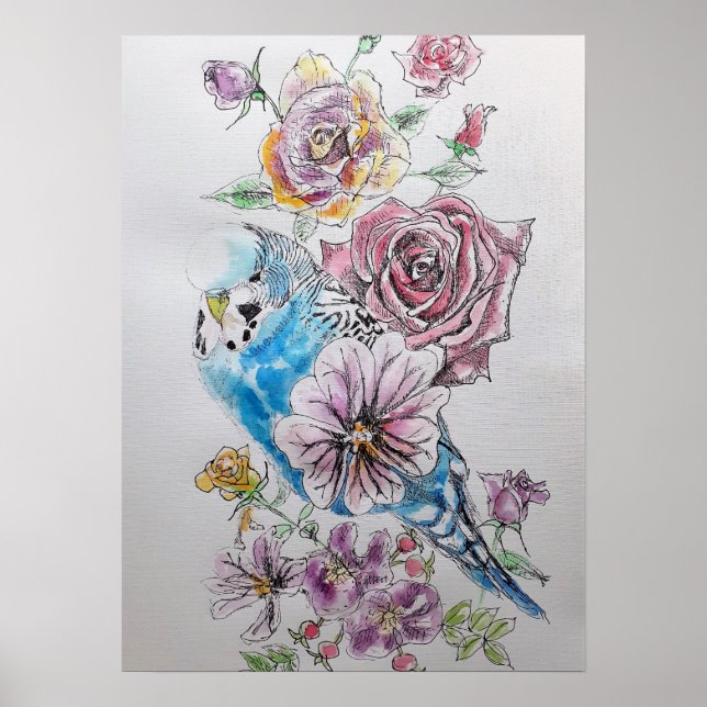 Blue Budgie & Red Rose Watercolour art Poster (Front)