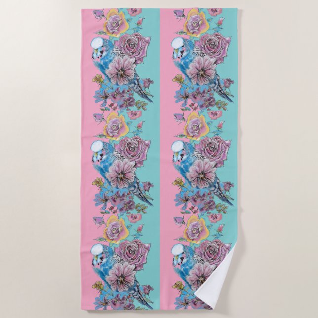 Blue Budgie & Rose Floral Budgerigar Bird Birds Beach Towel (Front)