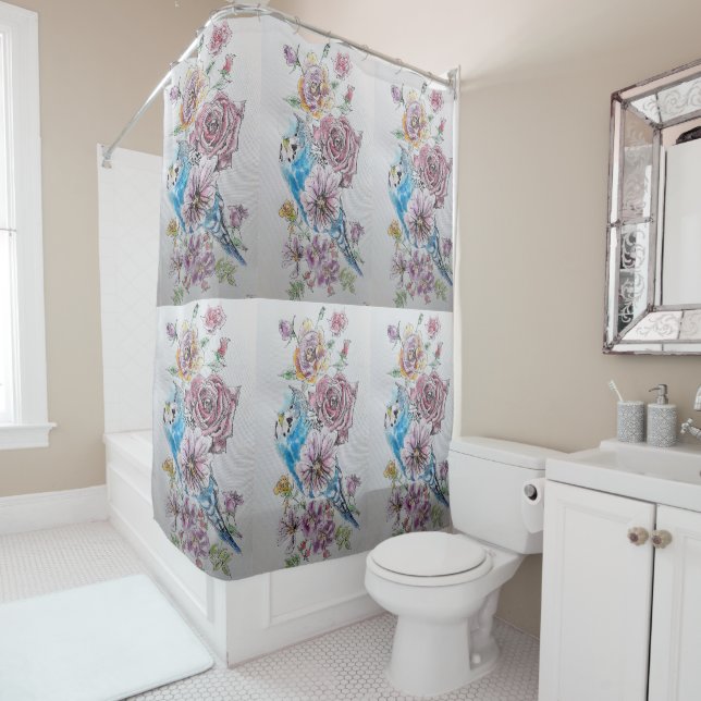 Blue Budgie & Rose roses Flowers Shower Curtain (In Situ)