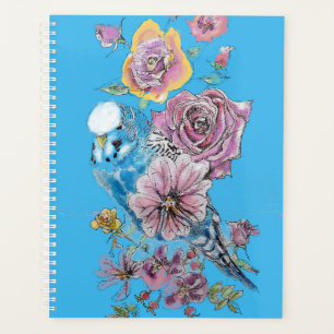 Blue Budgie Rose Watercolor Bird Planner