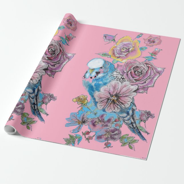 Blue Budgie Roses art flowers Watercolor Wrapping Paper (Unrolled)