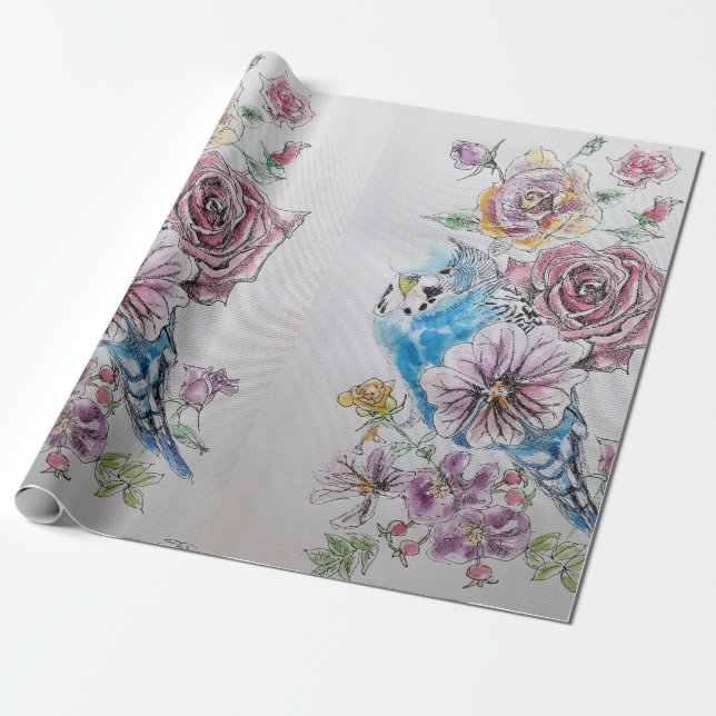Blue Budgie Roses art flowers Watercolor Wrapping Wrapping Paper (Unrolled)