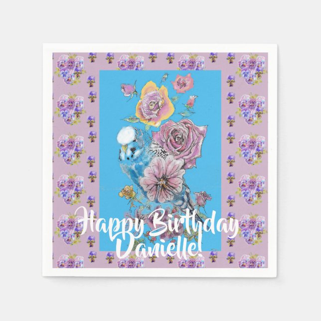 Blue Budgie Watercolor floral Girls Paper Napkins (Front)