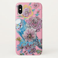 Blue Budgie Watercolor floral Girls Pink