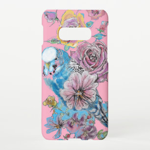 Blue Budgie Watercolor floral Girls Pink Roses Samsung Galaxy Case