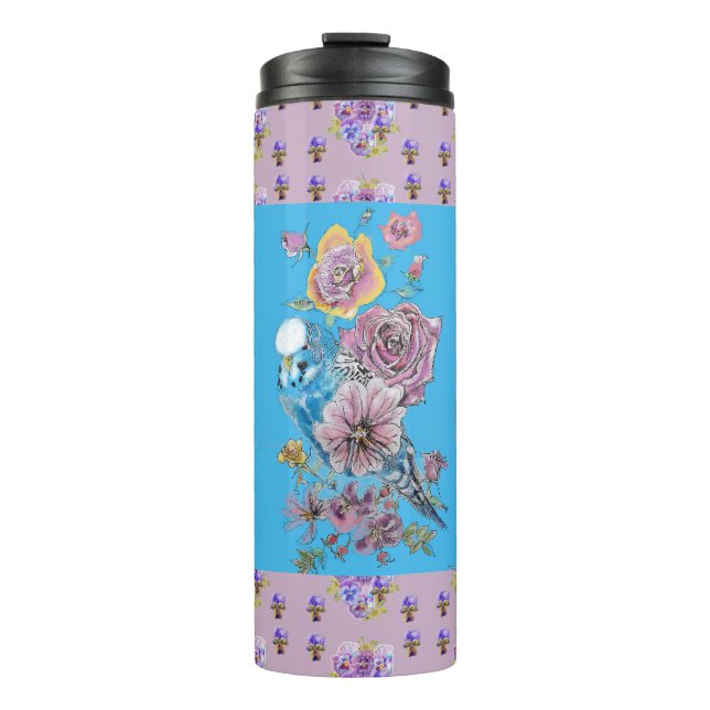 Blue Budgie Watercolor floral Ladies Thermal Tumbler (Front)