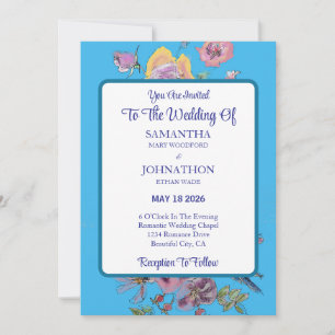 Blue Budgie Watercolor Flower Wedding Invitation