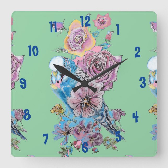 Blue Budgie Watercolor Green Womans Office Clock (Front)
