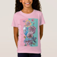 Blue Budgie Watercolor Red Roses floral art Girls