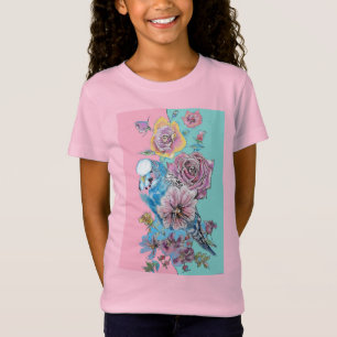 Blue Budgie Watercolor Red Roses floral art Girls T-Shirt