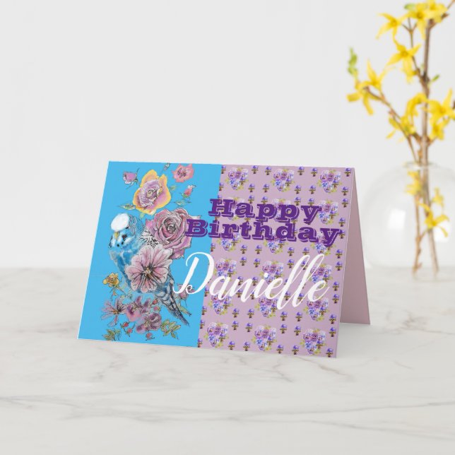 Blue Budgie Watercolor rose floral Birthday Card (Yellow Flower)