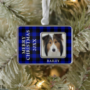 Blue Buffalo Check Dog Photo Personalised Silver Plated Framed Ornament