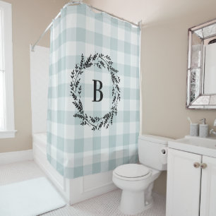 Blue Buffalo Check Monogram   Farmhouse Bathroom Shower Curtain