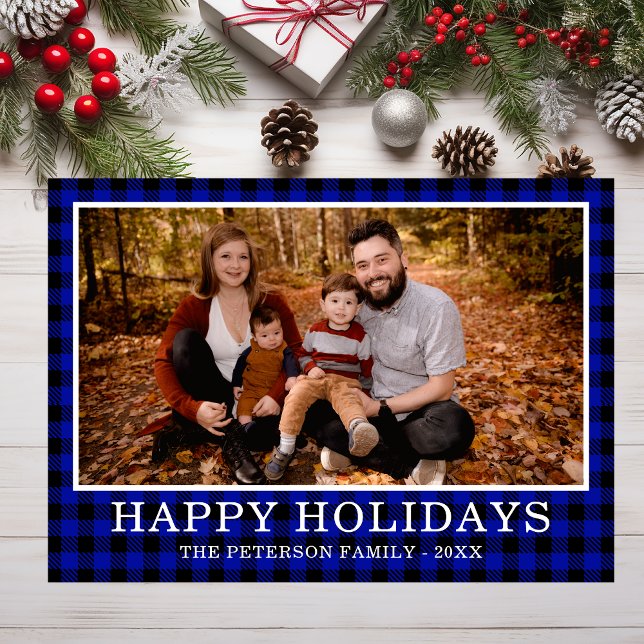 Blue Buffalo Check Photo Holiday Card (Creator Uploaded)