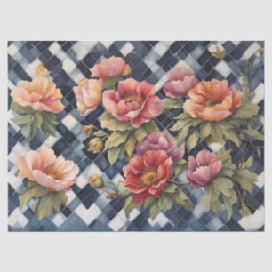 Blue Buffalo Check with Large Pink Flowers decoupa Tissue Paper