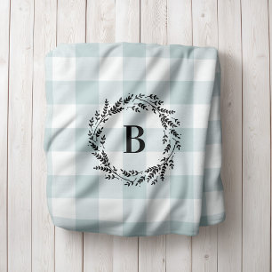 Blue Buffalo Check Wreath Monogram Farmhouse Sherpa Blanket
