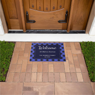 Blue Buffalo Plaid Check Patterned Personalised Doormat