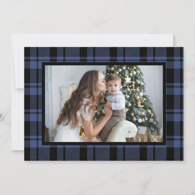 Blue Buffalo Plaid Christmas Photo Holiday Card (Front)