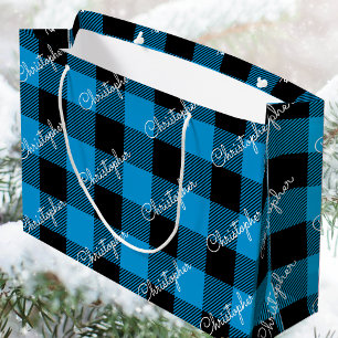 Blue Buffalo Plaid Custom Name Rustic Christmas Large Gift Bag