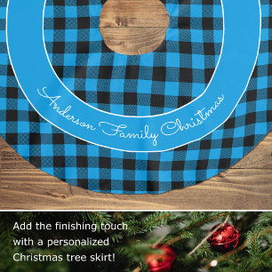 Blue Buffalo Plaid Family Name Rustic Christmas Brushed Polyester Tree Skirt