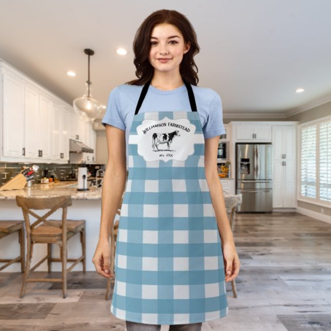 Blue Buffalo Plaid Farm Cow Apron (Blue Buffalo Plaid Farm Cow Personalized Apron)