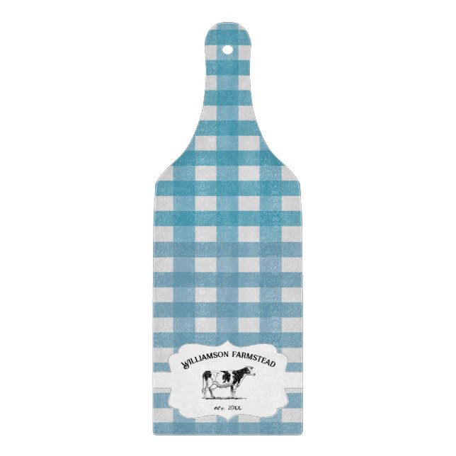 Blue Buffalo Plaid Farm Cow Cutting Board (Front)