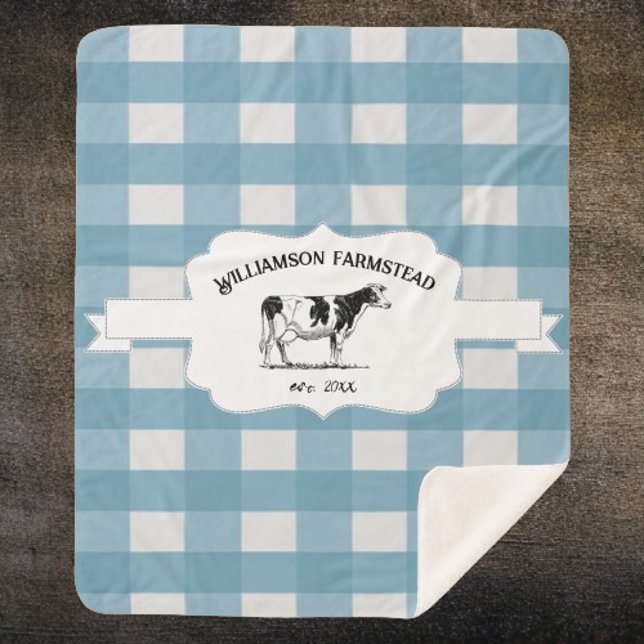 Blue Buffalo Plaid Farm Cow Sherpa Blanket (Blue Buffalo Plaid Farm Cow Personalized Sherpa Blanket)