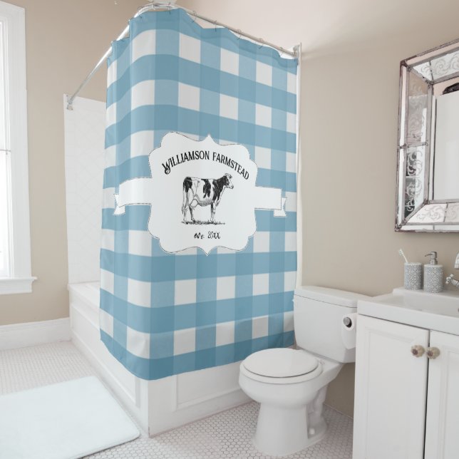 Blue Buffalo Plaid Farm Cow Shower Curtain (In Situ)