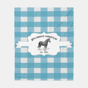 Blue Buffalo Plaid Farm Horse Fleece Blanket