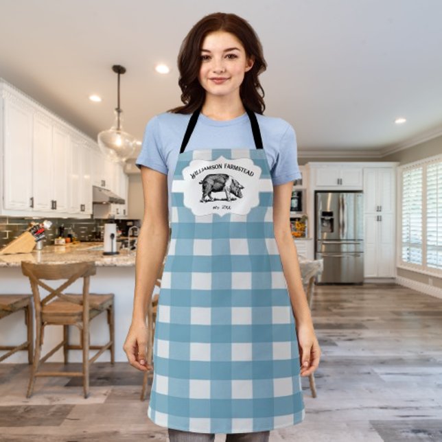 Blue Buffalo Plaid Farm Pig Apron (Blue Buffalo Plaid Farm Pig Personalized Apron)