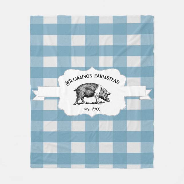 Blue Buffalo Plaid Farm Pig Fleece Blanket (Front)