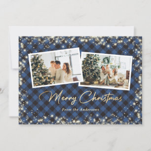 Blue Buffalo Plaid Gold Photo Christmas Holiday Card