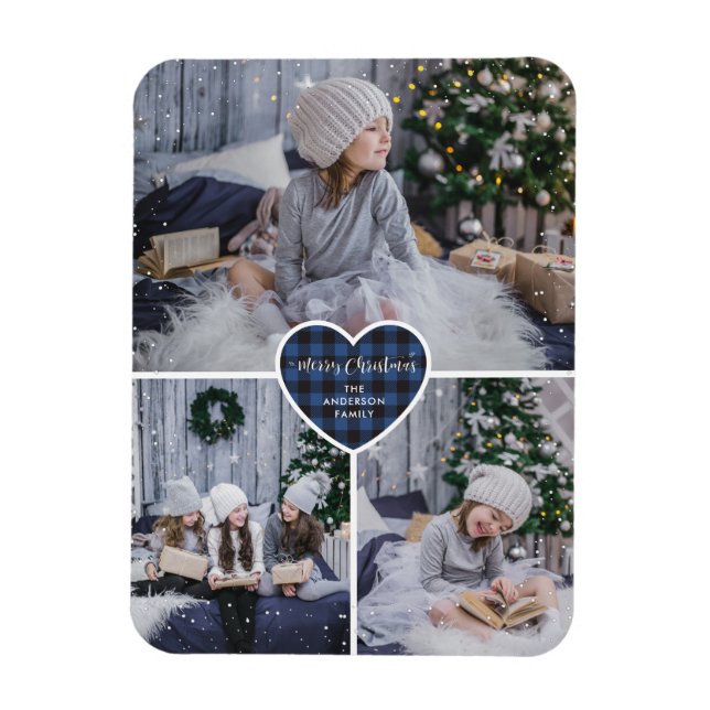 Blue Buffalo Plaid Heart Photo Merry Christmas Magnet (Vertical)