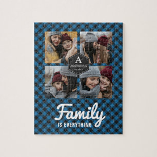 Blue Buffalo Plaid Lumberjack Family Photo Collage Jigsaw Puzzle